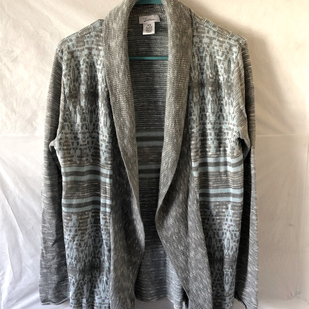 TRILLIUM Women’s Grey/Blue Open Front Cardigan M